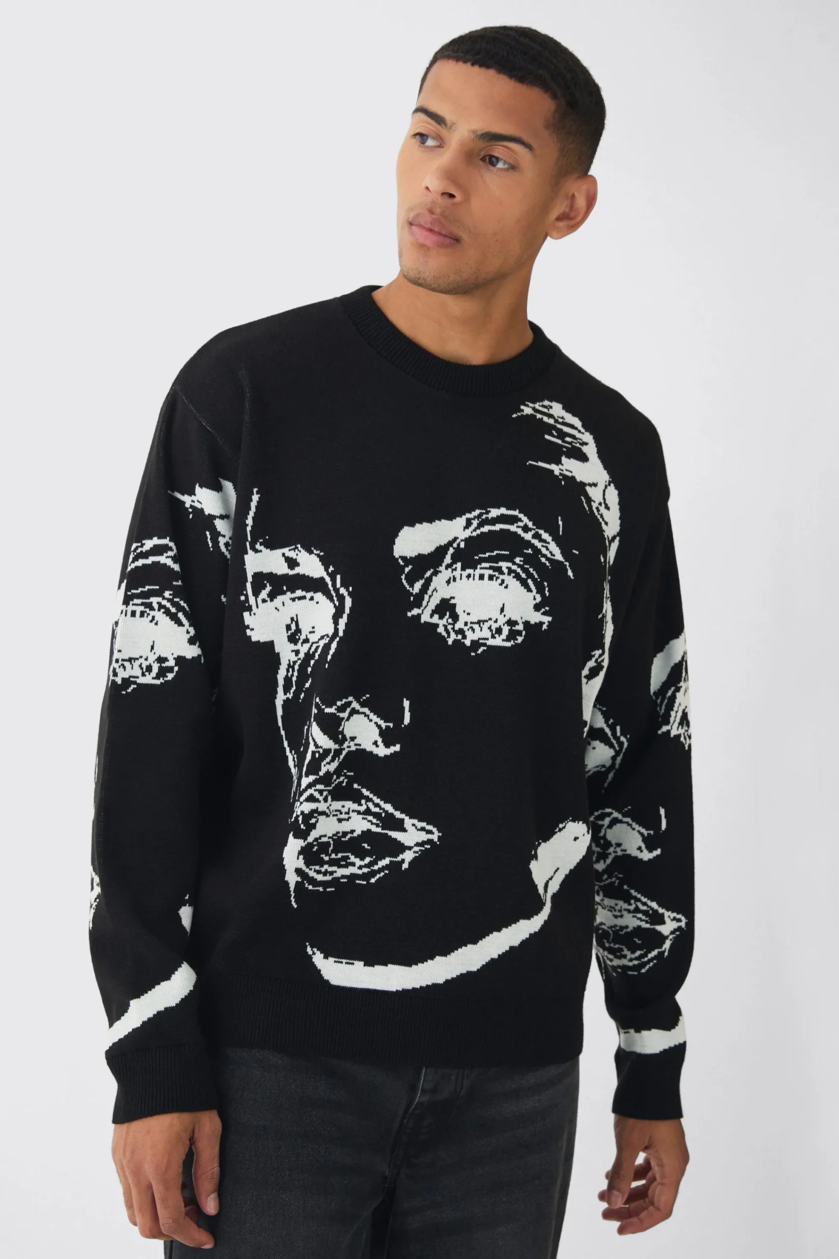 boohooMAN Oversized Boxy Line Face Knitted Jumper | UK| Knitwear