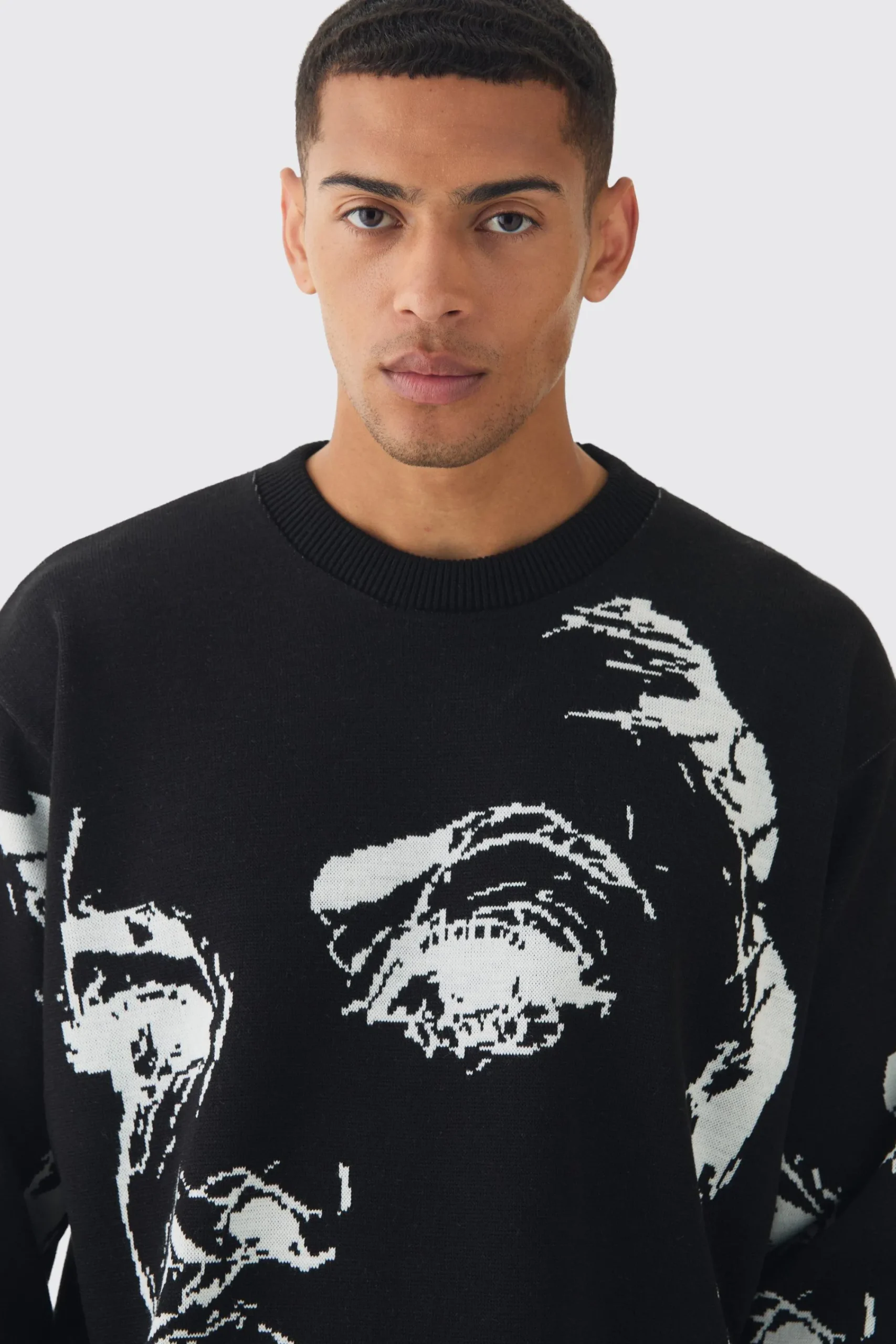 boohooMAN Oversized Boxy Line Face Knitted Jumper | UK| Knitwear