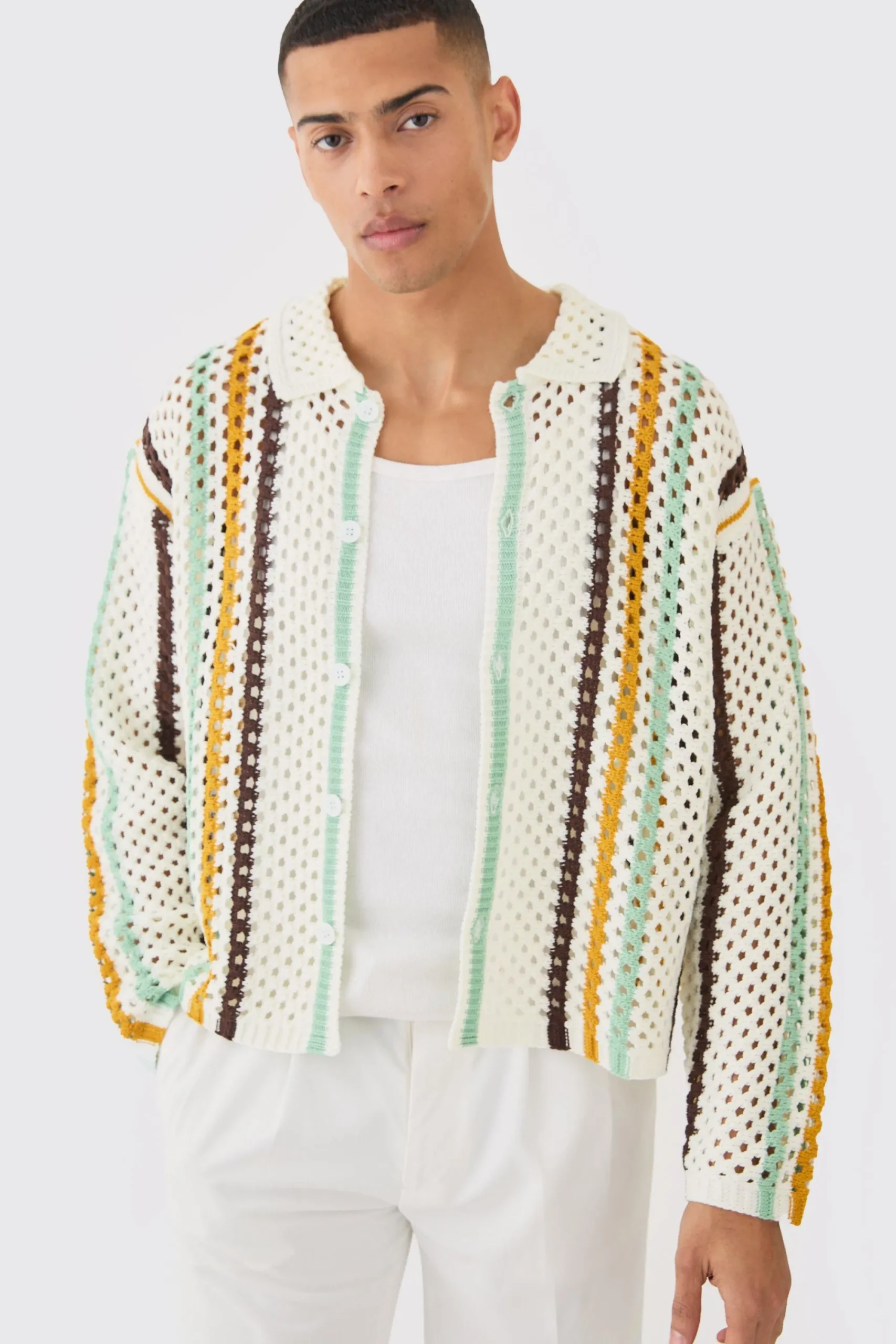 boohooMAN Oversized Boxy Long Sleeve Open Stitch Stripe Shirt | UK| Shirts