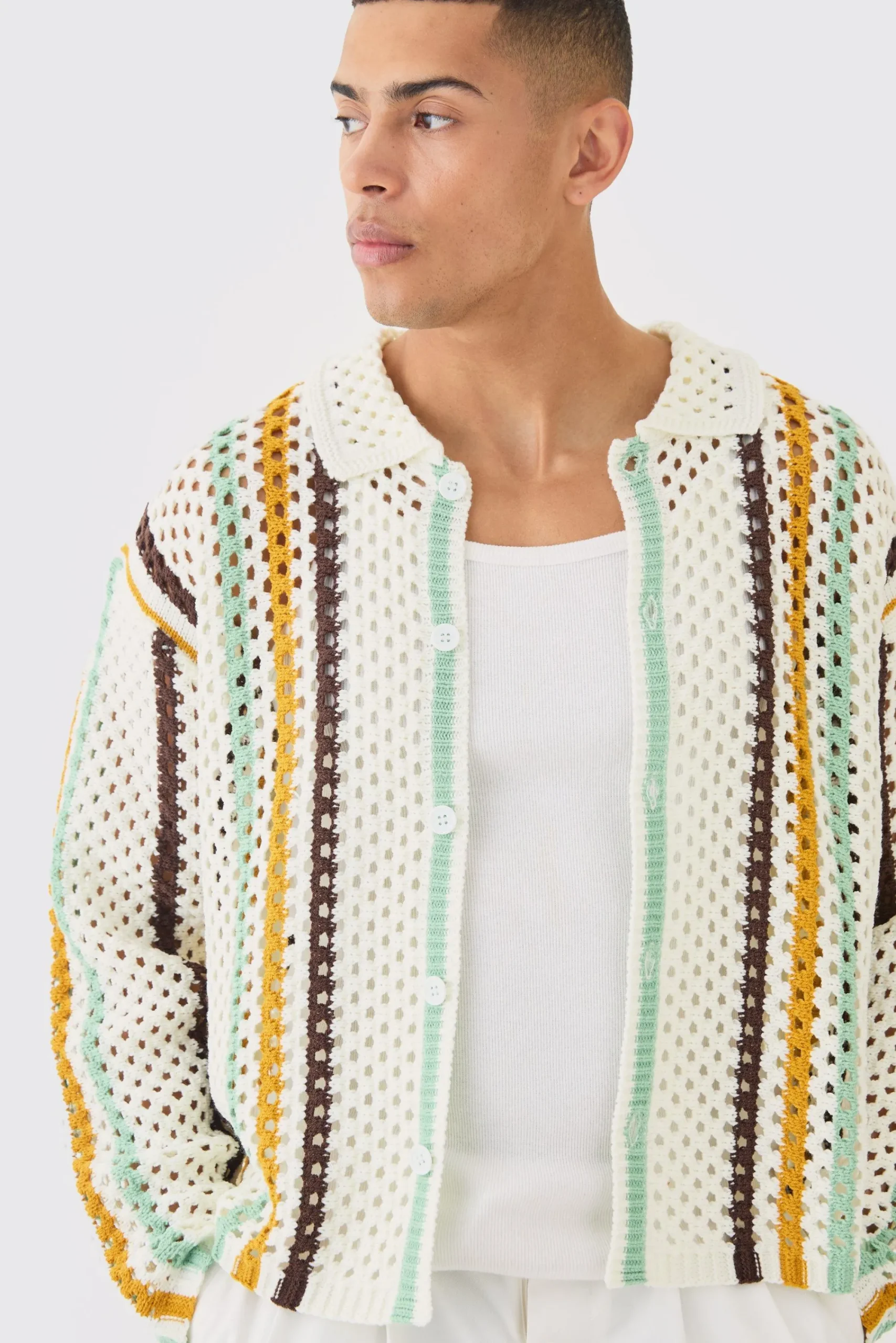 boohooMAN Oversized Boxy Long Sleeve Open Stitch Stripe Shirt | UK| Shirts