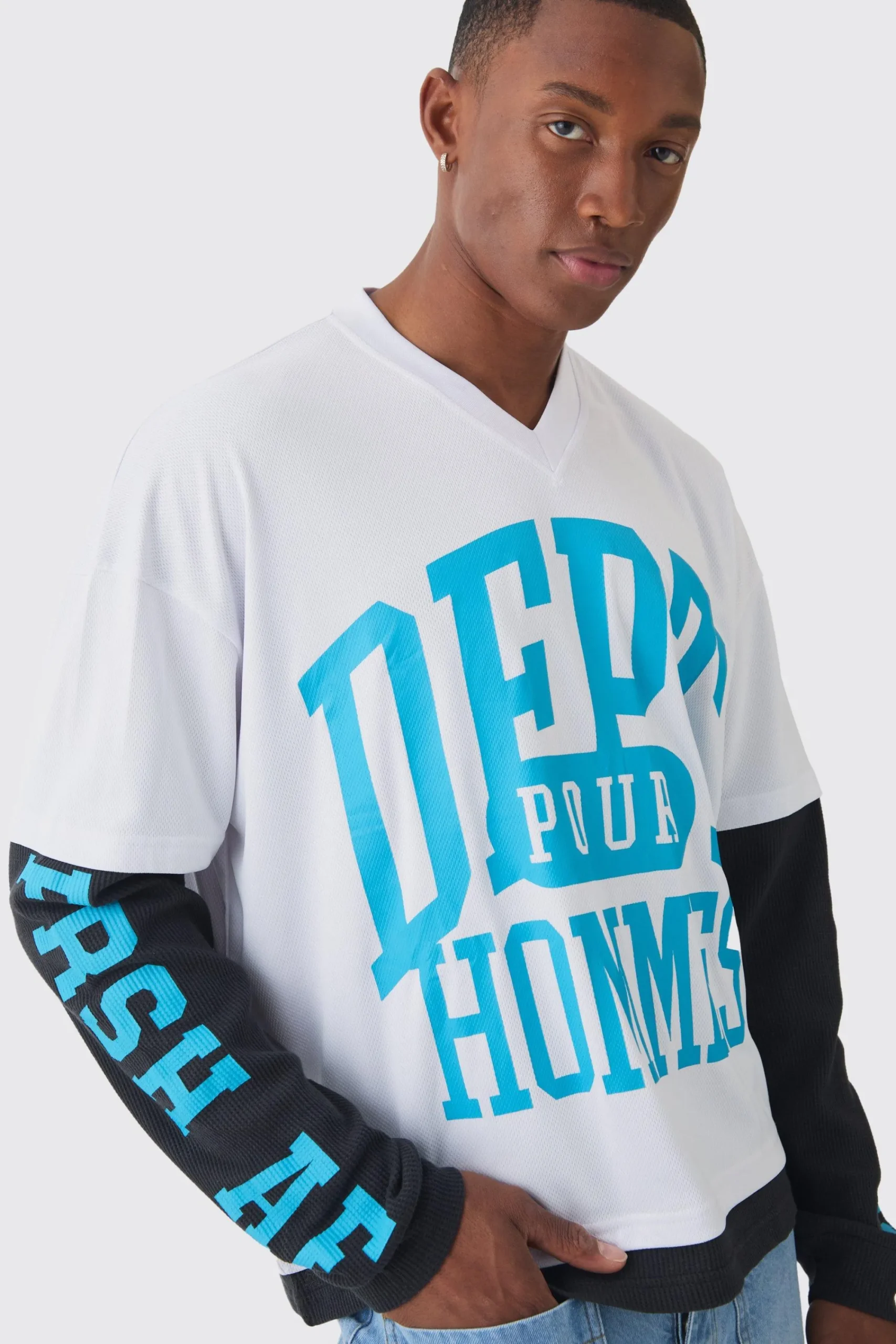 Oversized Boxy Mesh Faux Layer Waffle T-shirt | UK^boohooMAN Online