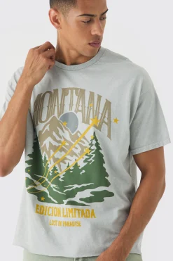 Oversized Boxy Montana Landscape Print Wash T-shirt | UK^boohooMAN Clearance