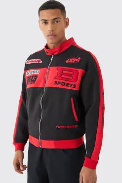 boohooMAN Oversized Boxy Moto Embroide Jersey Jacket | UK| Coats & Jackets