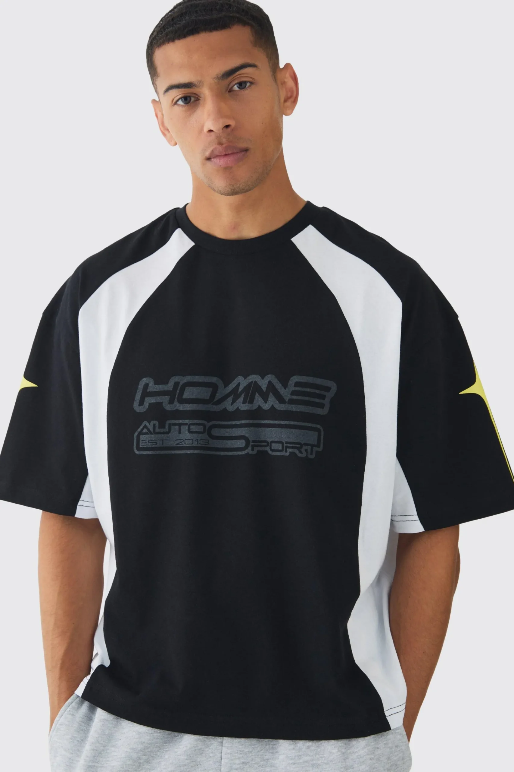 Oversized Boxy Moto Homme Star Panel T-Shirt | UK^boohooMAN Outlet