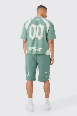 boohooMAN Oversized Boxy Moto Puff Print T-shirt & Short Set | UK| Sets & Co-Ords|Tracksuits