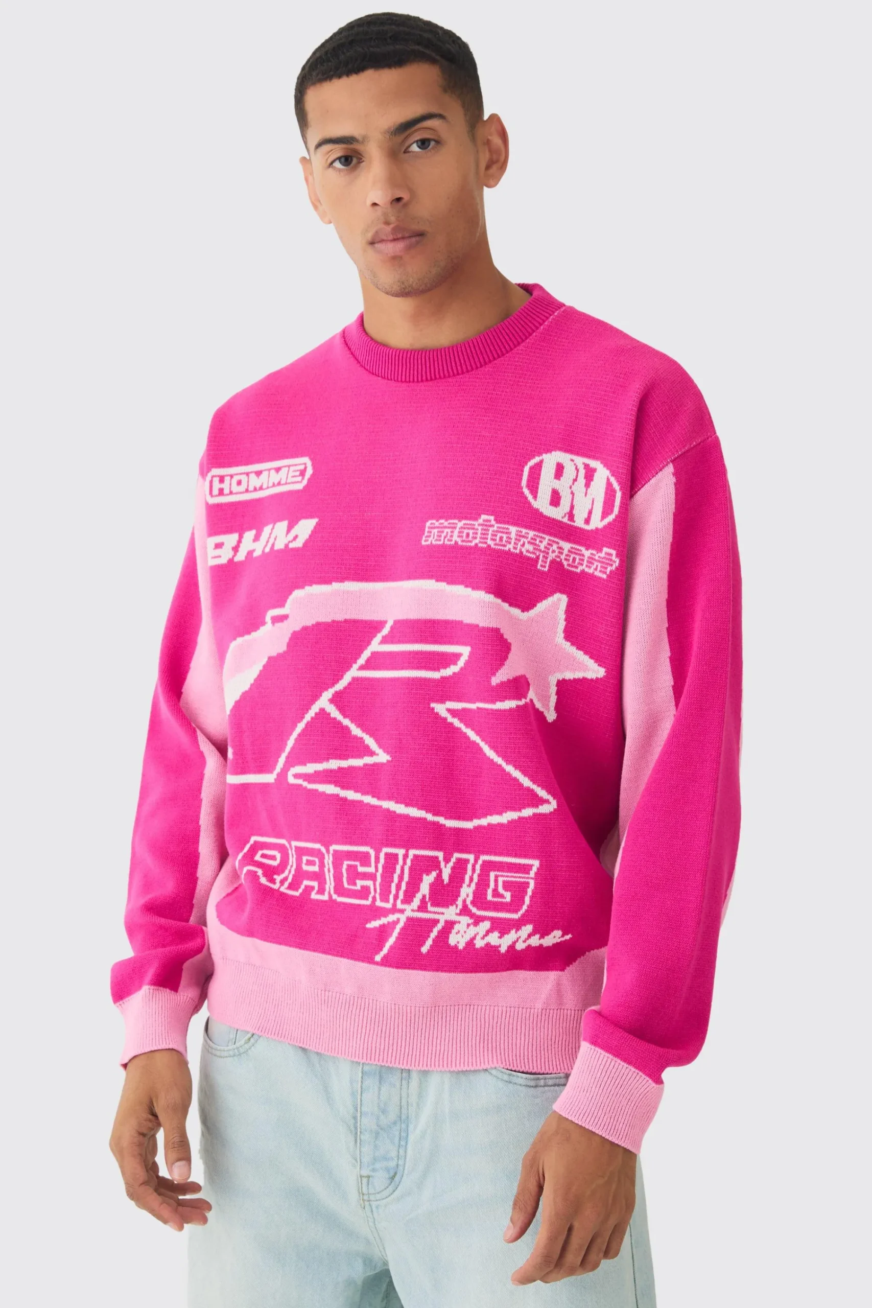 boohooMAN Oversized Boxy Moto Racing Knitted Jumper | UK| Knitwear
