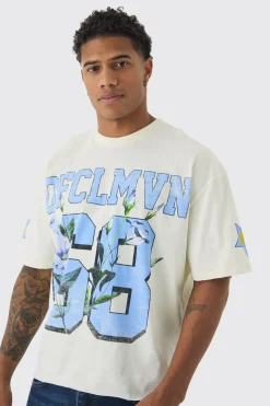 Oversized Boxy Ofcl Floral Varsity Print T-Shirt | UK^boohooMAN Online