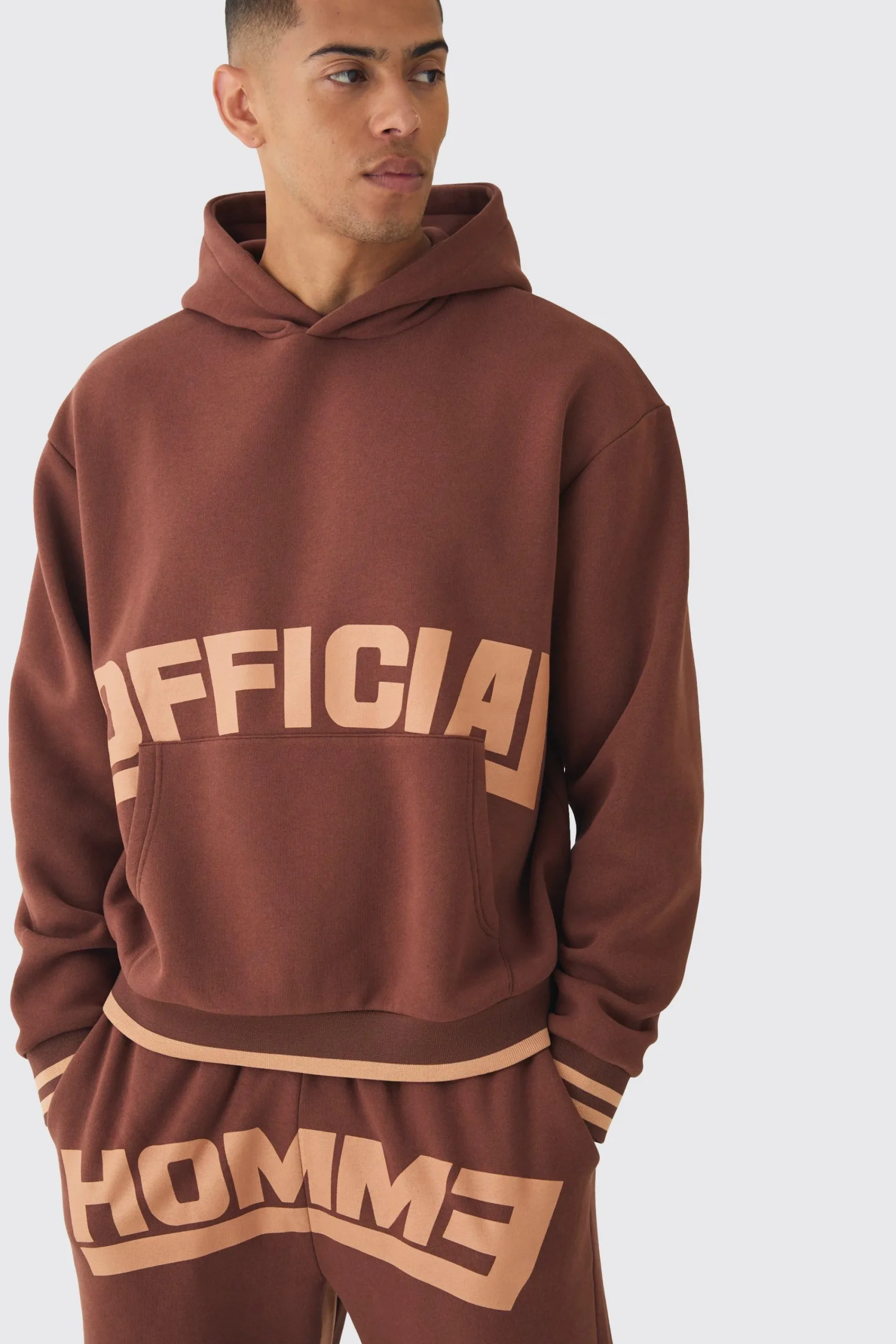 boohooMAN Oversized Boxy Official Graphic Stripe Rib Hooded Tracksuit | UK| Tracksuits