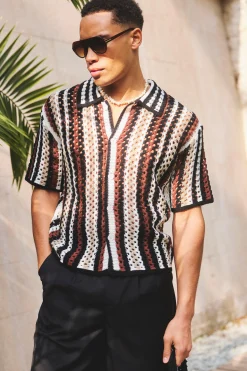 boohooMAN Oversized Boxy Open Knit Stripe Shirt | UK| Shirts