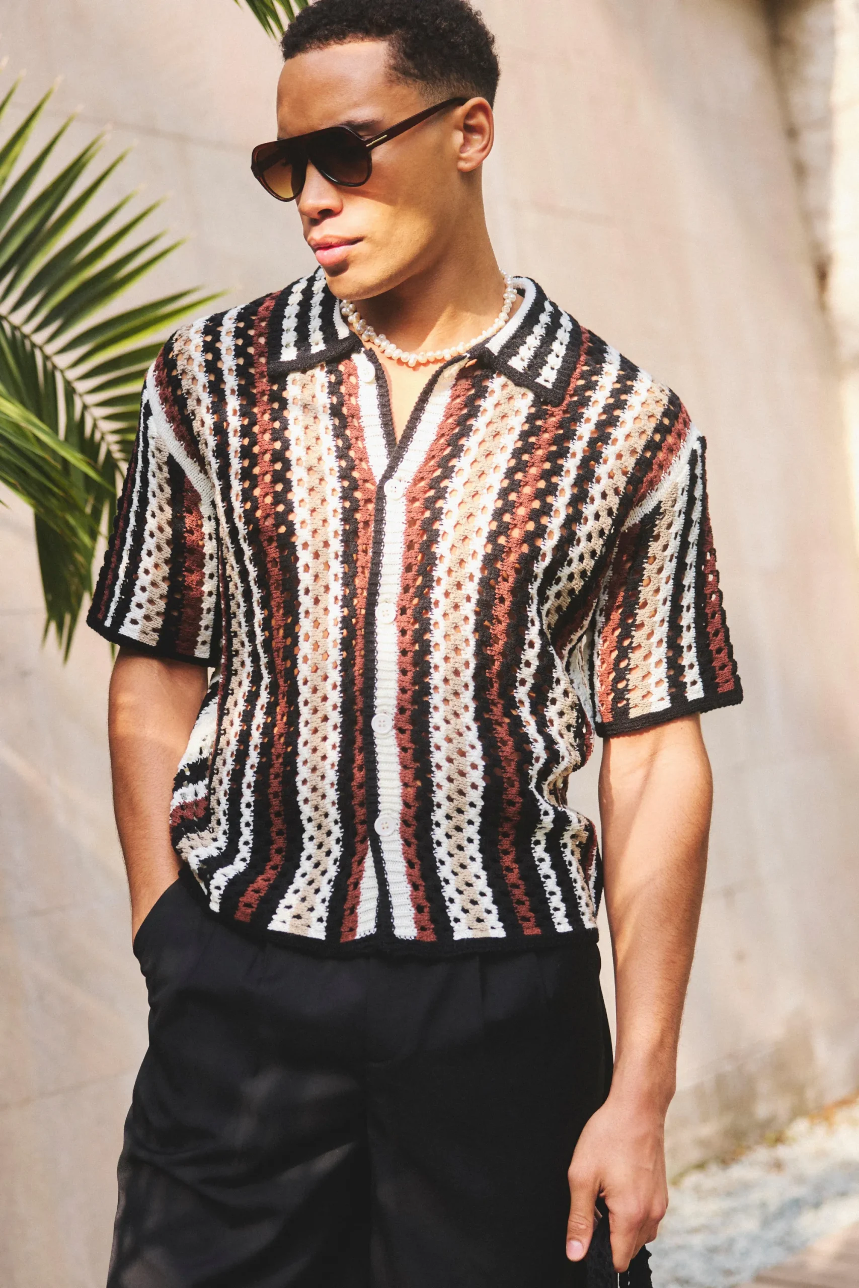 boohooMAN Oversized Boxy Open Knit Stripe Shirt | UK| Shirts