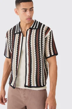 boohooMAN Oversized Boxy Open Knit Stripe Shirt | UK| Shirts