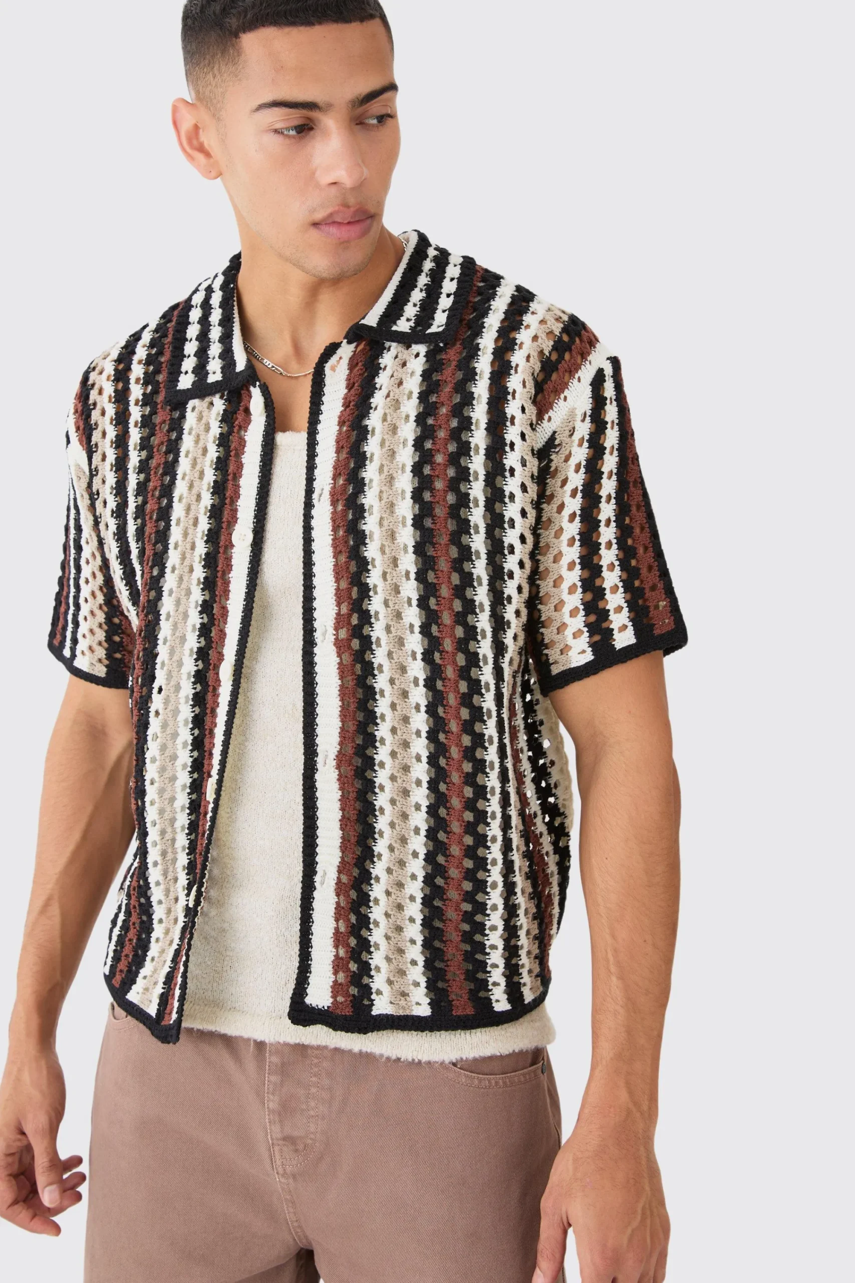 boohooMAN Oversized Boxy Open Knit Stripe Shirt | UK| Shirts