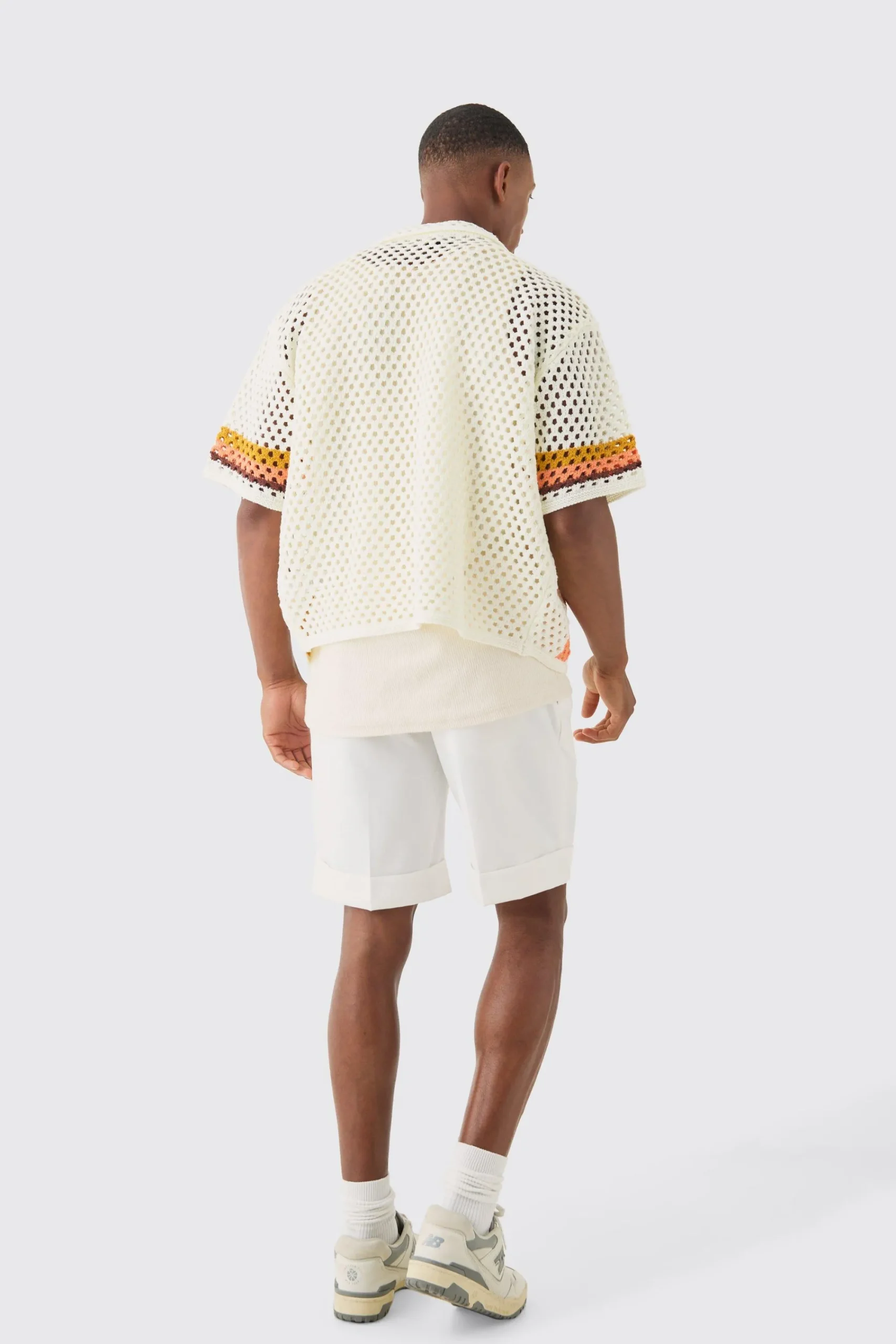 boohooMAN Oversized Boxy Open Knit Abstract Stripe Shirt | UK| Shirts