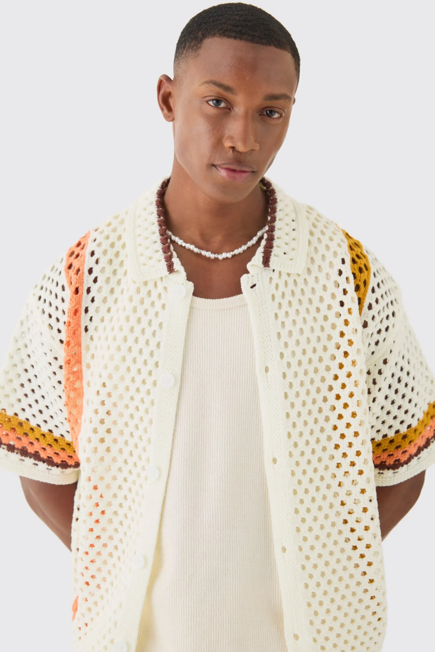 boohooMAN Oversized Boxy Open Knit Abstract Stripe Shirt | UK| Shirts