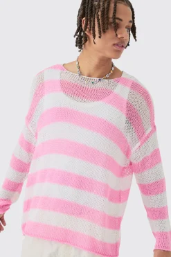boohooMAN Oversized Boxy Open Knit Stripe Jumper In | UK| Knitwear