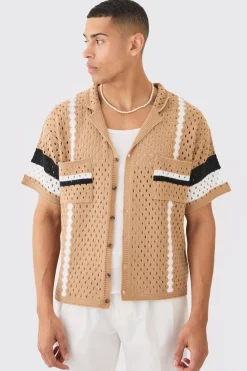 boohooMAN Oversized Boxy Open Stitch Revere Stripe Shirt In | UK| Shirts
