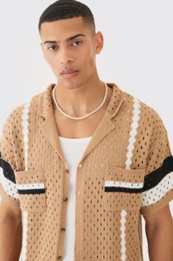 boohooMAN Oversized Boxy Open Stitch Revere Stripe Shirt In | UK| Shirts