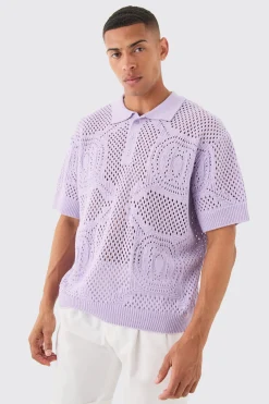 boohooMAN Oversized Boxy Open Stitch All Over Textured Polo In | UK| Knitwear