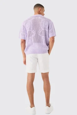 boohooMAN Oversized Boxy Open Stitch All Over Textured Polo In | UK| Knitwear