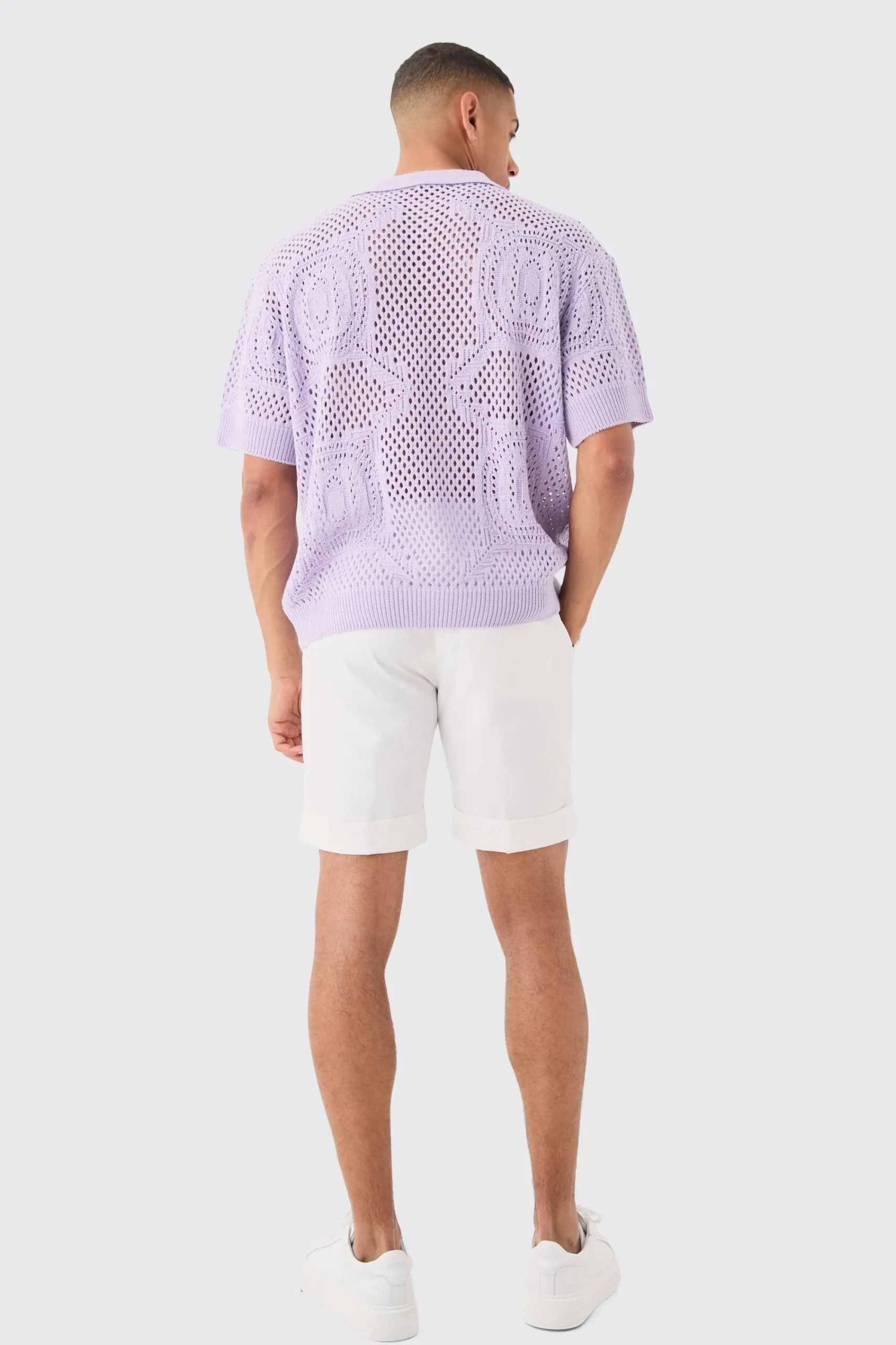 boohooMAN Oversized Boxy Open Stitch All Over Textured Polo In | UK| Knitwear