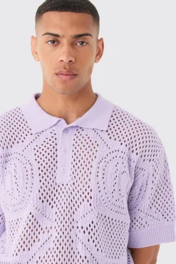 boohooMAN Oversized Boxy Open Stitch All Over Textured Polo In | UK| Knitwear