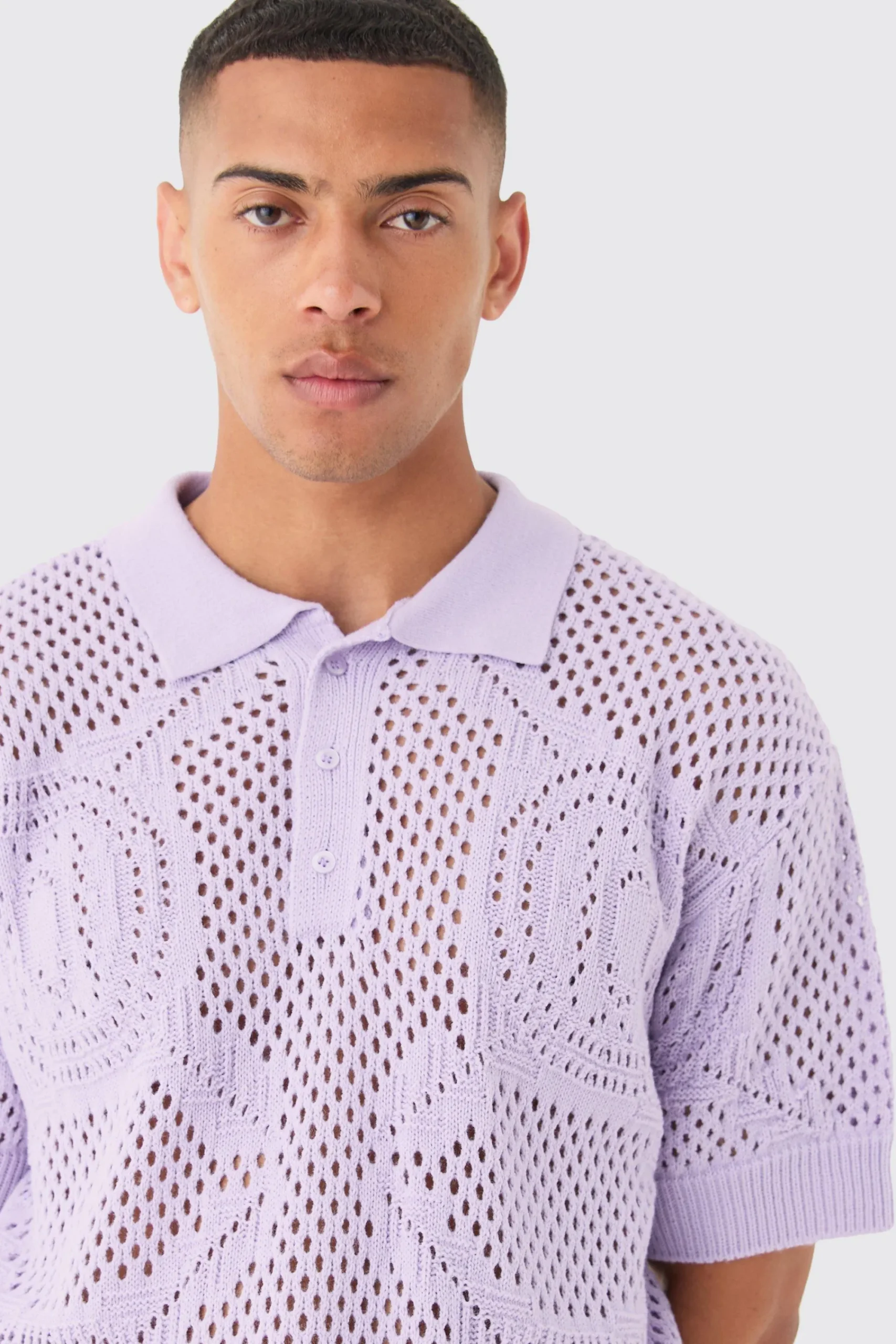 boohooMAN Oversized Boxy Open Stitch All Over Textured Polo In | UK| Knitwear