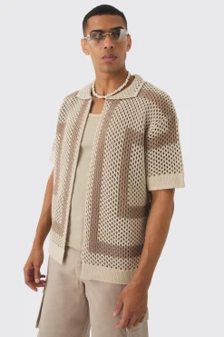 boohooMAN Oversized Boxy Open Stitch Border Knit Shirt | UK| Shirts