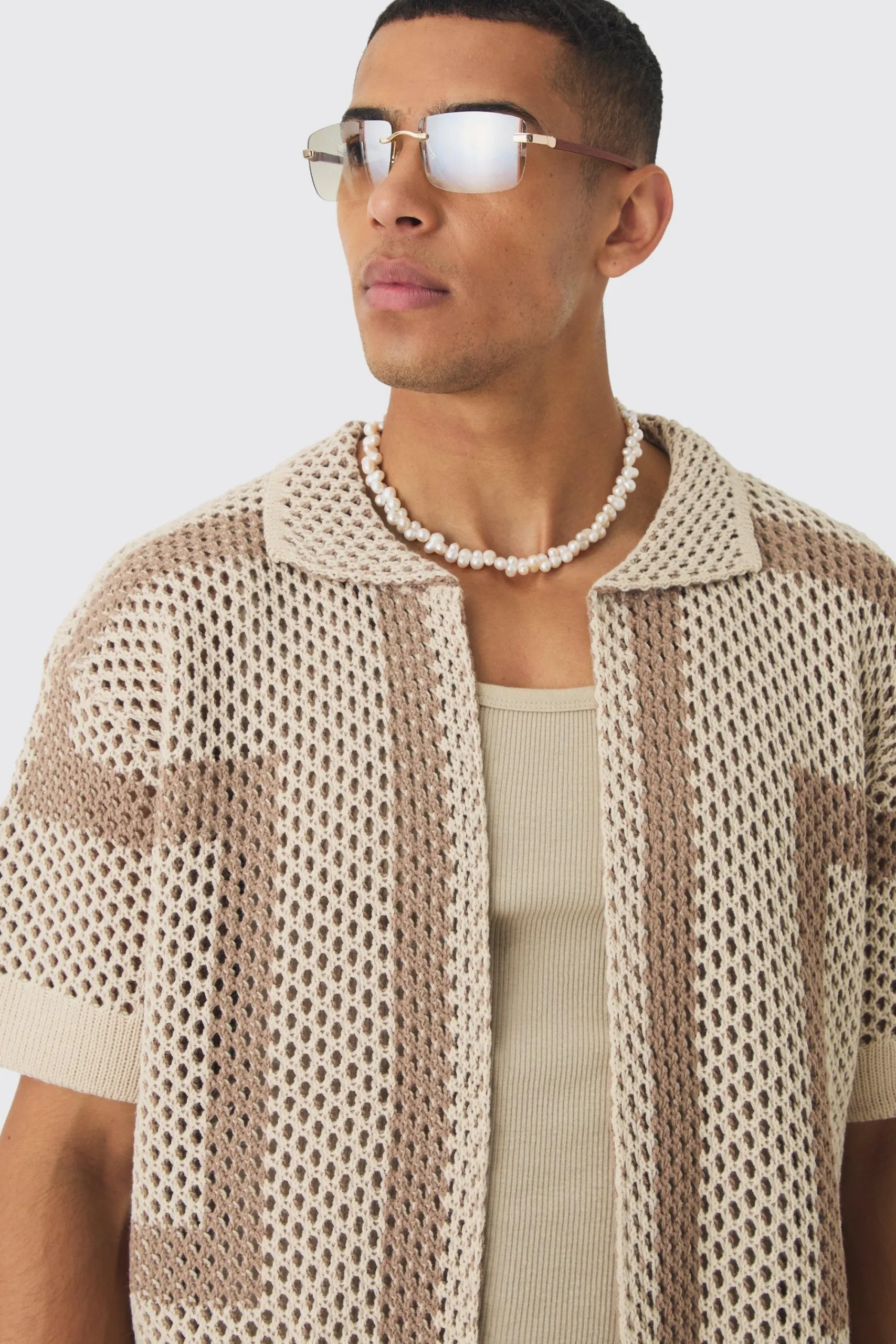boohooMAN Oversized Boxy Open Stitch Border Knit Shirt | UK| Shirts