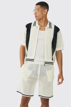 boohooMAN Oversized Boxy Open Stitch Zip Through Shirt & Short Set | UK| Sets & Co-Ords|Tracksuits