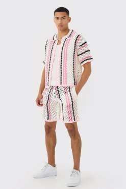 boohooMAN Oversized Boxy Open Stitch Stripe Shirt & Short Set | UK| Sets & Co-Ords|Tracksuits
