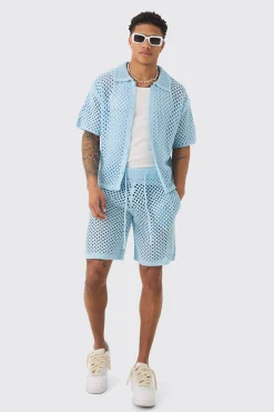 boohooMAN Oversized Boxy Open Stitch Shirt & Short Set With Metal Tab | UK| Sets & Co-Ords|Tracksuits