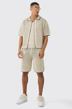boohooMAN Oversized Boxy Open Stitch Contrast Tipping Shirt & Short Set With Metal Tab | UK| Sets & Co-Ords|Tracksuits