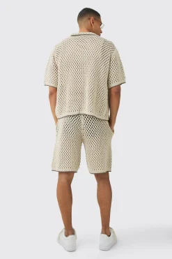 boohooMAN Oversized Boxy Open Stitch Contrast Tipping Shirt & Short Set With Metal Tab | UK| Sets & Co-Ords|Tracksuits