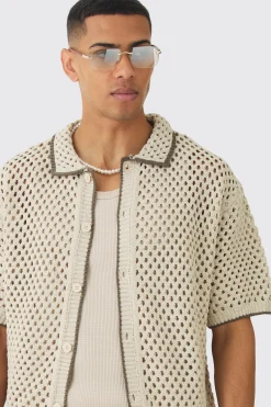 boohooMAN Oversized Boxy Open Stitch Contrast Tipping Shirt & Short Set With Metal Tab | UK| Sets & Co-Ords|Tracksuits