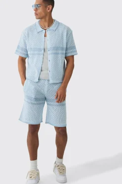 boohooMAN Oversized Boxy Open Stitch Colour Block Shirt & Short Set | UK| Sets & Co-Ords|Tracksuits