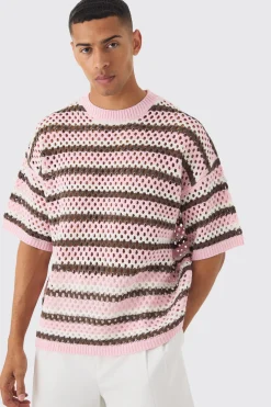Oversized Boxy Open Stitch Horizontal Stripe Knit T-shirt | UK^boohooMAN