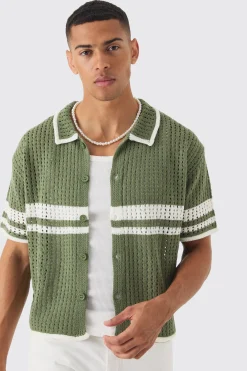 boohooMAN Oversized Boxy Open Stitch Colour Block Knit Shirt | UK| Shirts