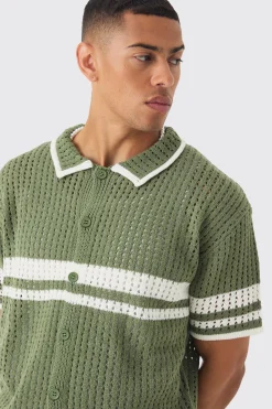 boohooMAN Oversized Boxy Open Stitch Colour Block Knit Shirt | UK| Shirts