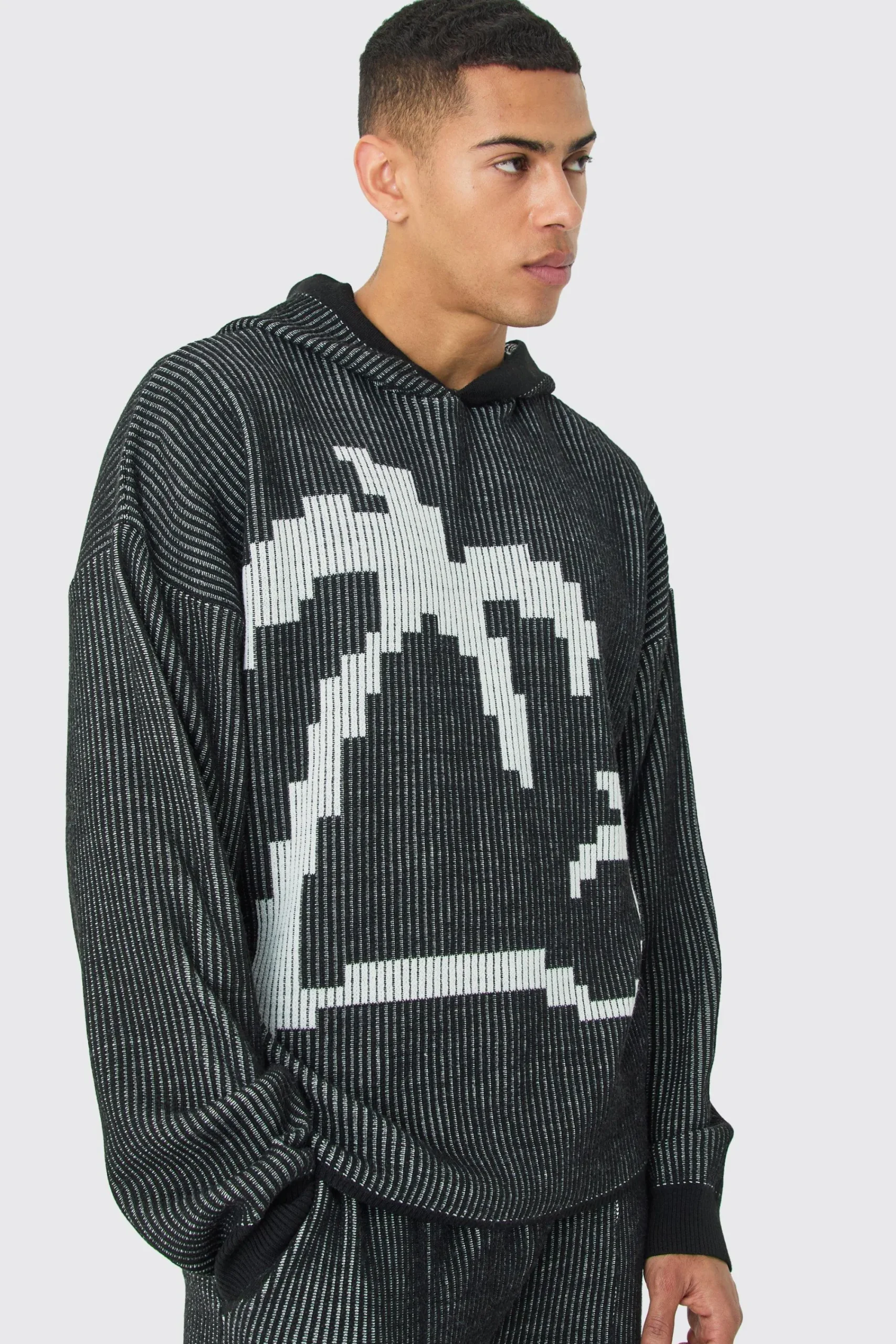 boohooMAN Oversized Boxy Palm Ribbed Knitted Hoodie | UK| Knitwear