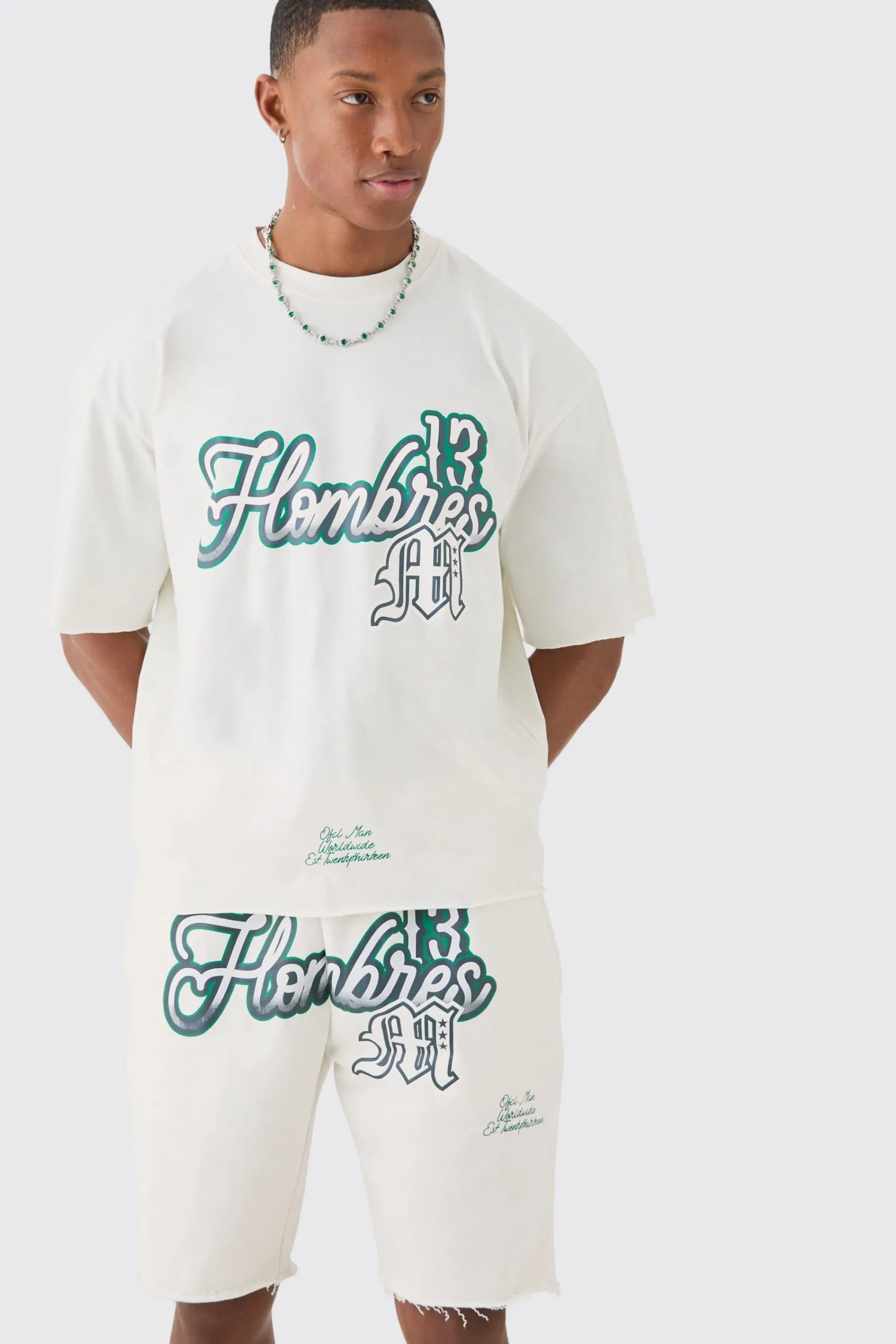 boohooMAN Oversized Boxy Raw Hem Homme Print T-shirt And Short Set | UK| Sets & Co-Ords|Tracksuits