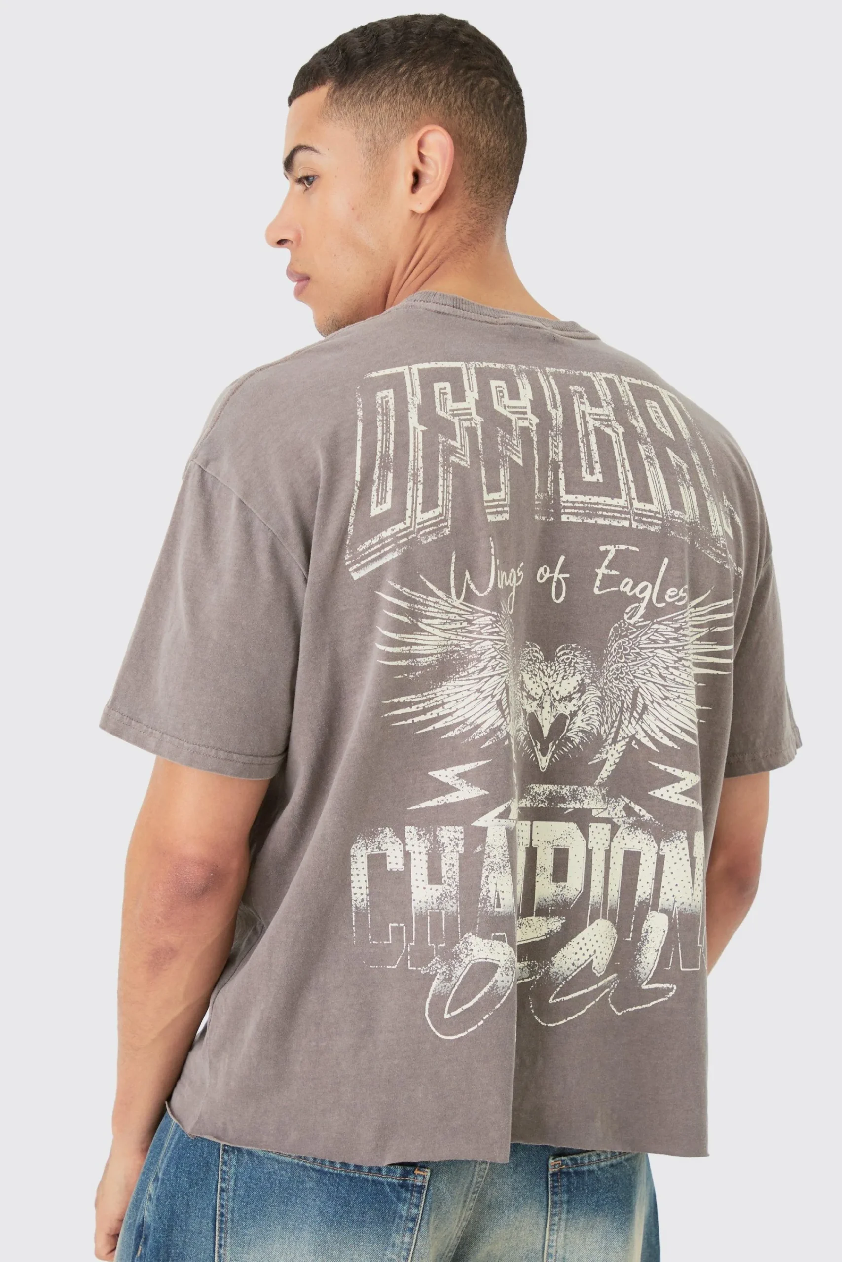 Oversized Boxy Raw Hem Washed Eagle Print T-shirt | UK^boohooMAN Hot