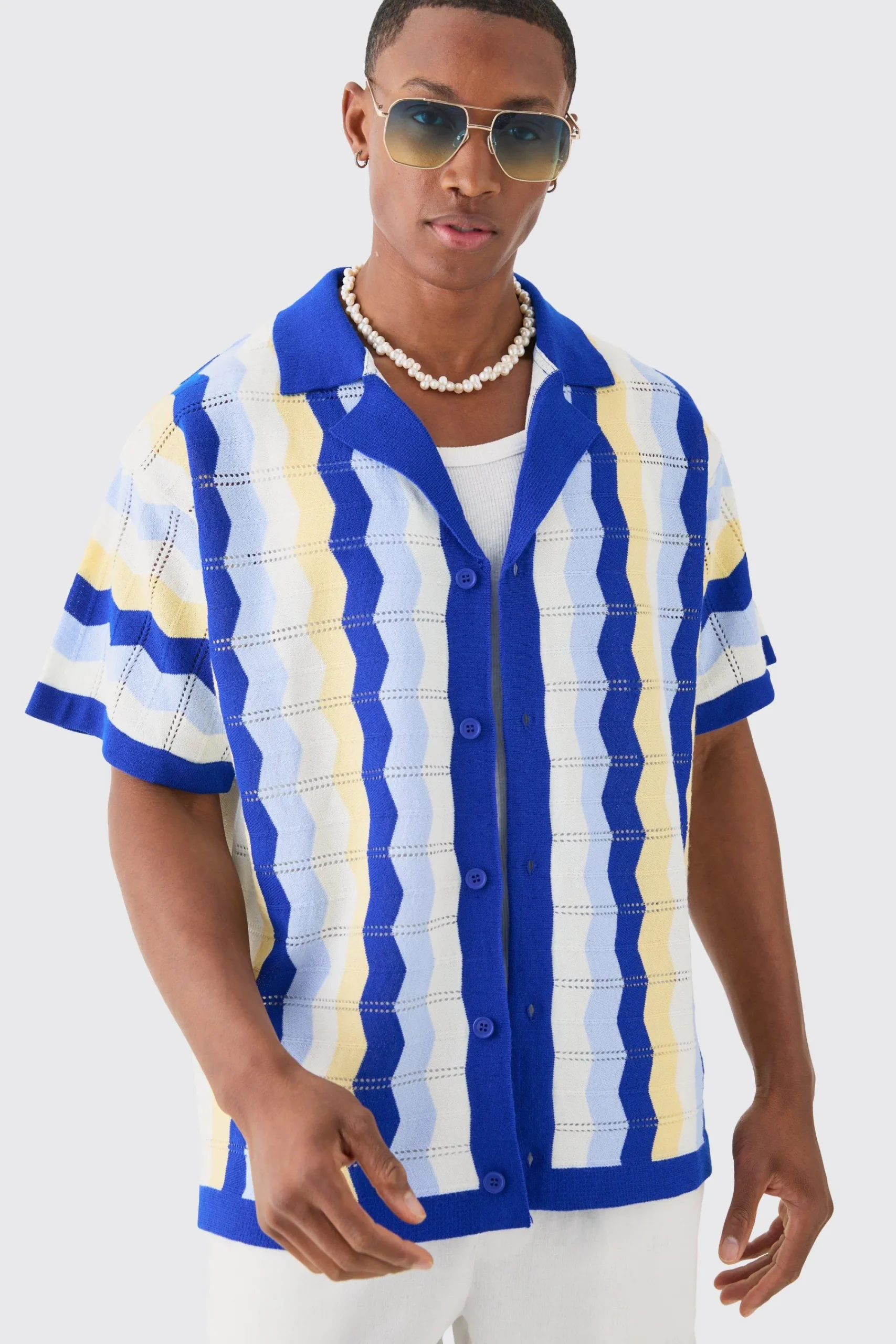 boohooMAN Oversized Boxy Revere Open Knit Stripe Shirt In | UK| Shirts