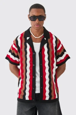 boohooMAN Oversized Boxy Revere Open Knit Stripe Shirt In | UK| Shirts