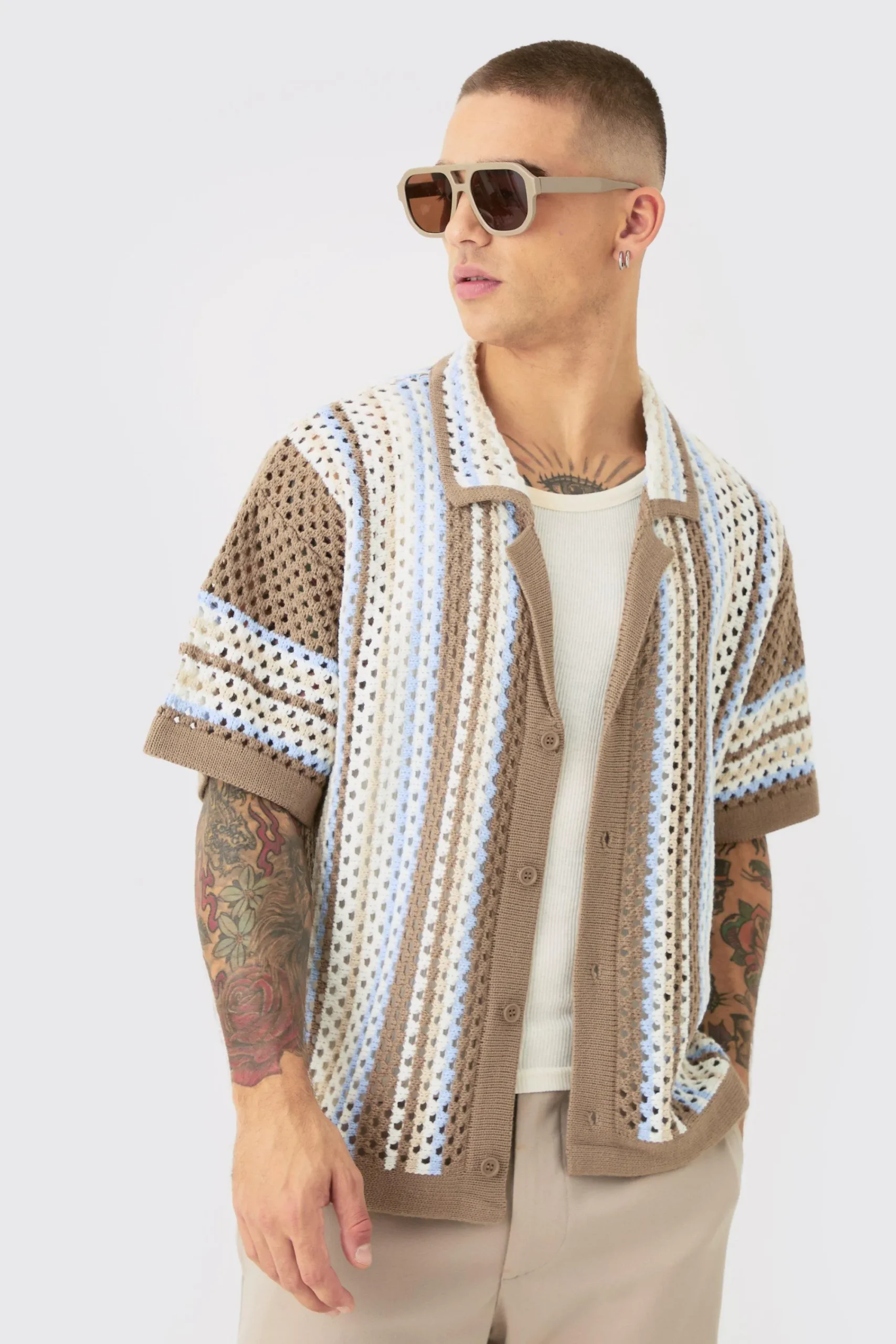 boohooMAN Oversized Boxy Revere Open Knit Knit Stripe Shirt | UK| Shirts