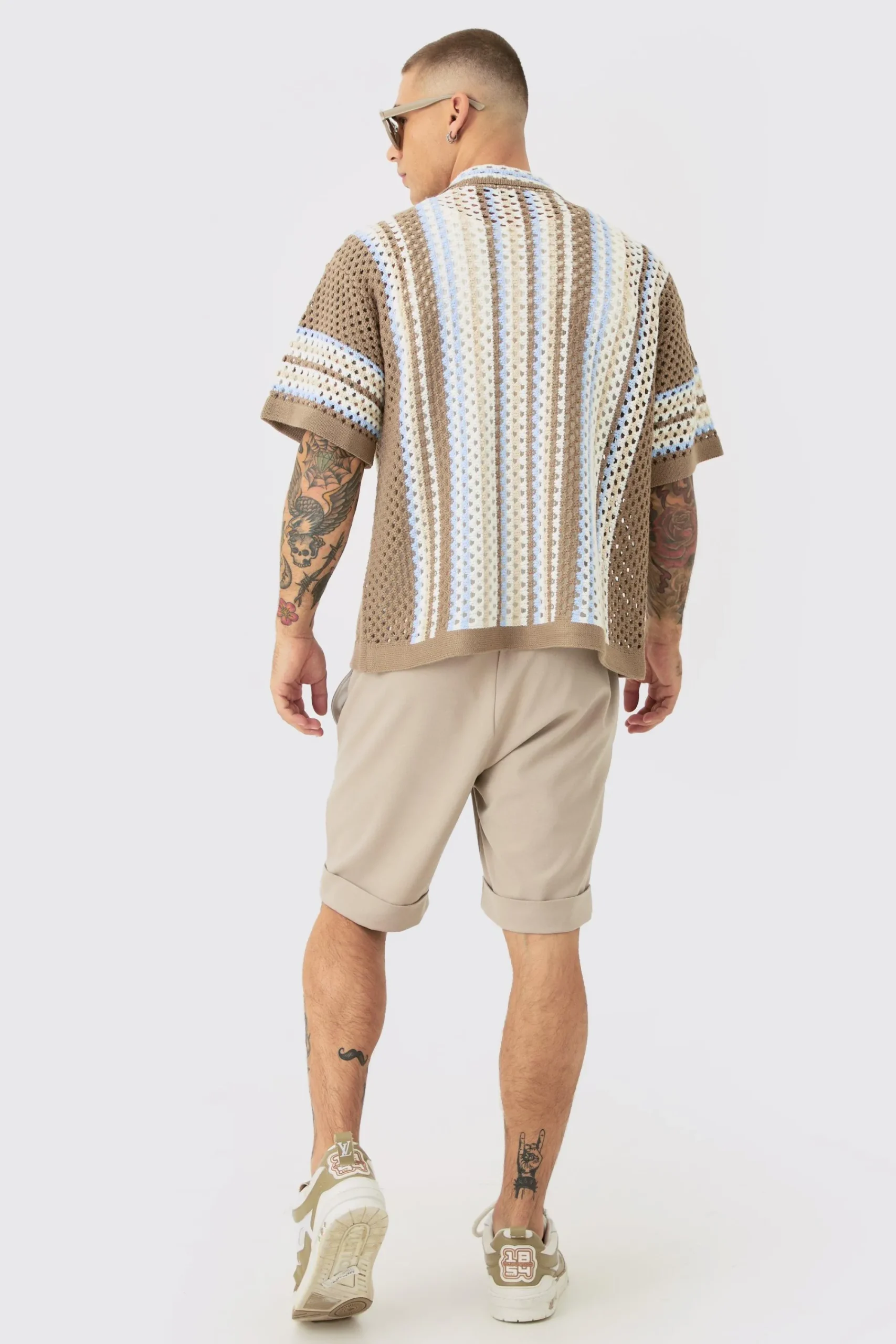 boohooMAN Oversized Boxy Revere Open Knit Knit Stripe Shirt | UK| Shirts