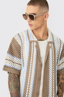 boohooMAN Oversized Boxy Revere Open Knit Knit Stripe Shirt | UK| Shirts