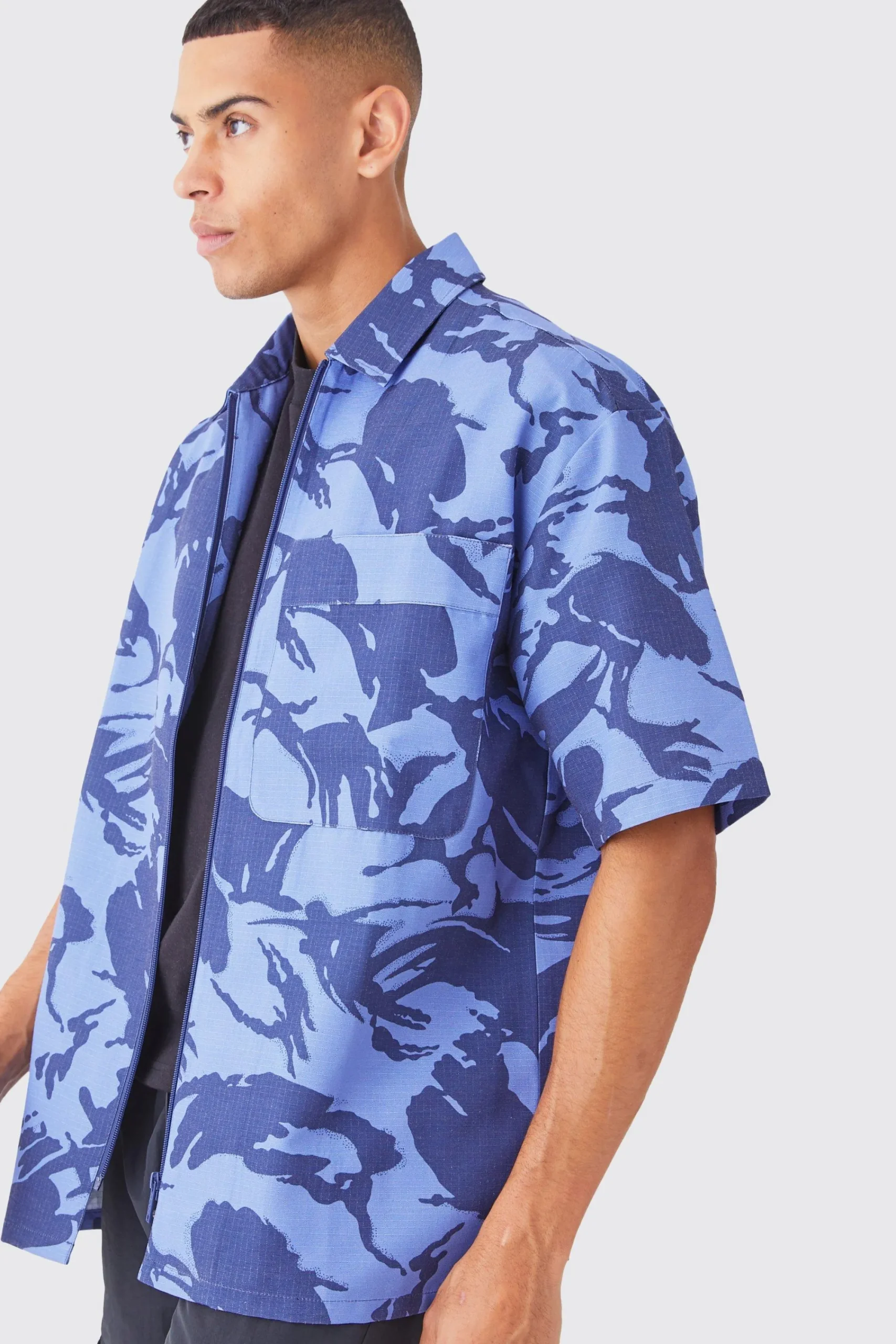 boohooMAN Oversized Boxy Ripstop Zip Through Camo Shirt | UK| Shirts