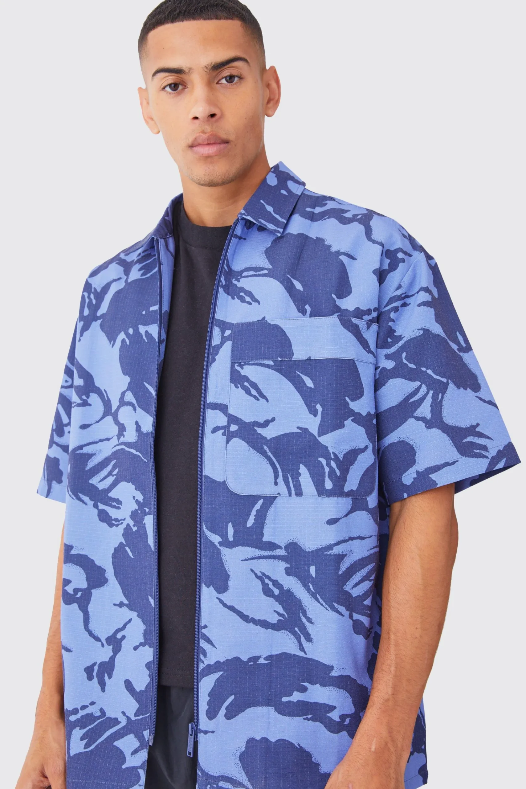 boohooMAN Oversized Boxy Ripstop Zip Through Camo Shirt | UK| Shirts