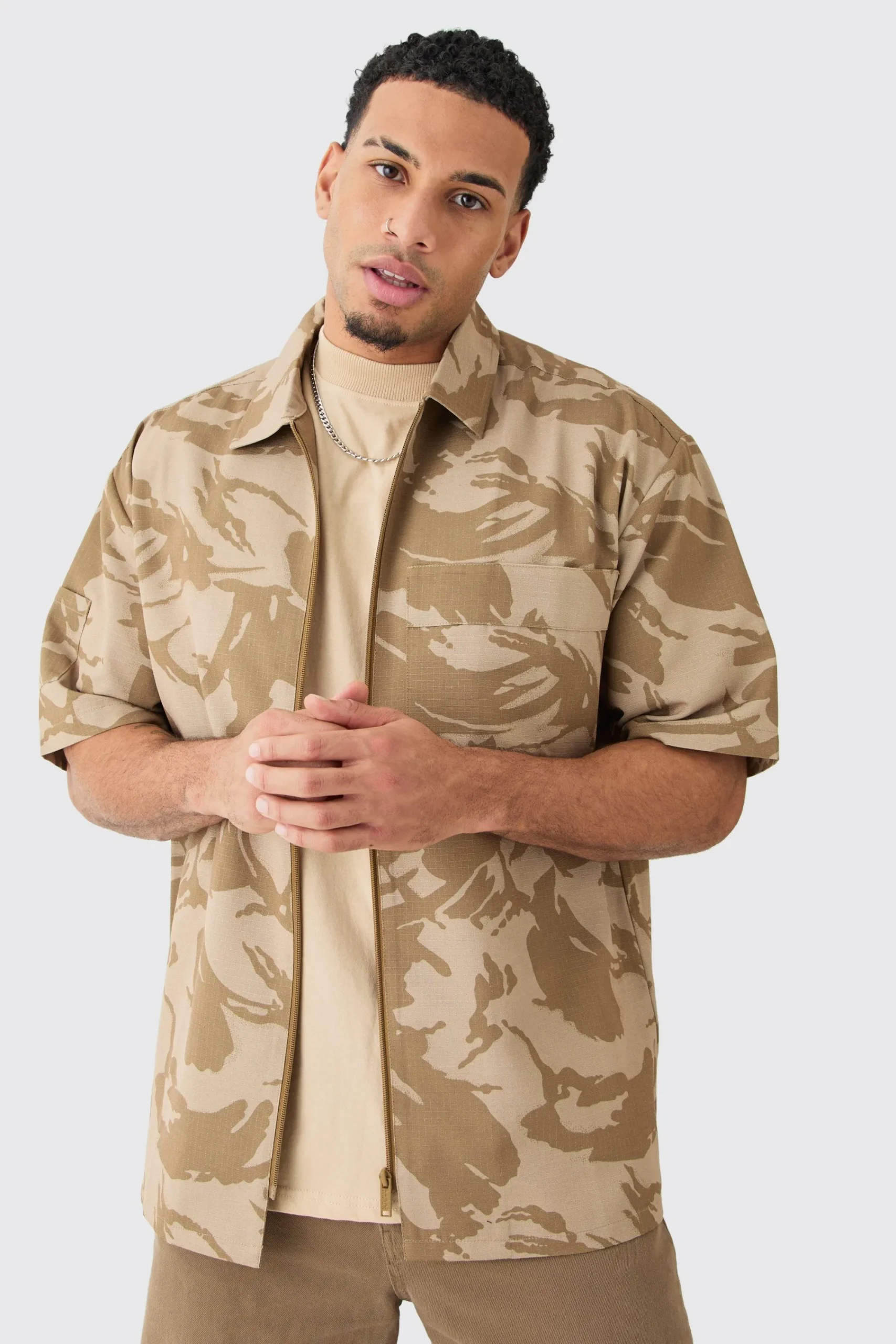boohooMAN Oversized Boxy Ripstop Zip Through Camo Shirt | UK| Shirts