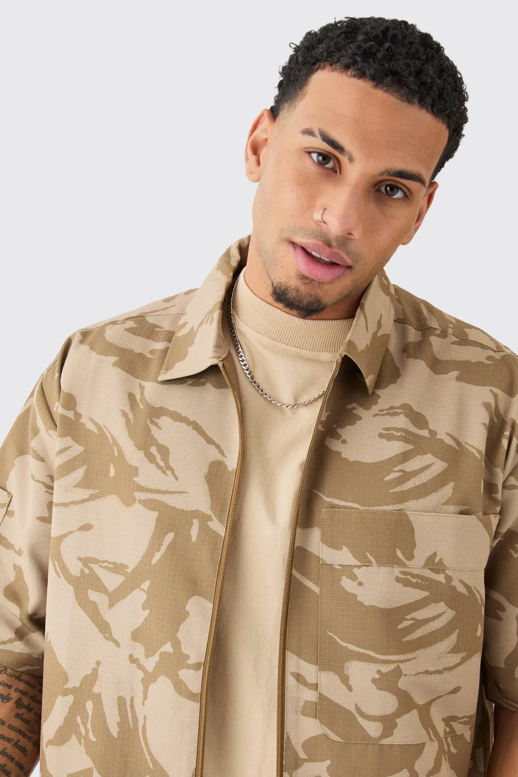 boohooMAN Oversized Boxy Ripstop Zip Through Camo Shirt | UK| Shirts
